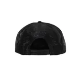 Gorra tipo trucker color negro con panel frontal de espuma y parte trasera de malla. Presenta un parche circular en el frente con el logo clásico de Santa Cruz Skateboards en colores rojo y amarillo.