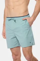 Short de baño azul marino liso con spandex, cintura elástica con cordón regulable, dos bolsillos laterales y suspensor de malla fina.