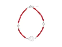 Pulsera de plata 925 con cuentas facetadas de cristal rojo, dije central de filigrana con diseño floral y dos perlas blancas intercaladas.
