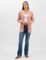 Cardigan abierto de tejido acanalado, con bolsillos frontales y mangas largas de corte entallado con puños de rib.
