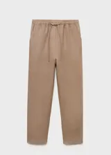 Pantalón recto color beige de lino, con cintura elástica y cordón ajustable, tiro medio y bolsillos laterales.