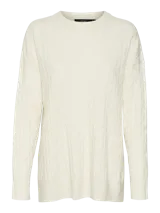 Sweater de punto color crema con diseño de textura en relieve, cuello redondo y mangas largas con puños ajustados.