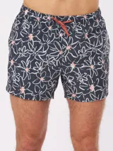 Short de baño Rusty de color gris oscuro, con estampado de flores blancas y cordón ajustable en la cintura.