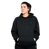 Canguro negro de felpa con capucha, cordones ajustables y bolsillo frontal tipo canguro. Presenta un diseño holgado con logo de la marca bordado en el pecho.