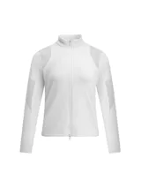 Campera deportiva de cierre completo con cuello alto, confeccionada en tejido de punto jacquard ligero y ultratranspirable. Presenta perforaciones estratégicas para ventilación, bolsillos laterales con cremallera invisible y logotipos reflectantes.
