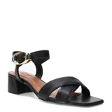 Sandalias Bottero de cuero negro para mujer, con tiras cruzadas en el empeine, taco cuadrado bajo y tira al tobillo con hebilla metálica dorada.