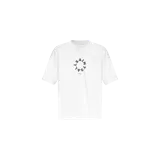 Remera Allsaints de manga corta, color blanco, de corte oversize y cuello redondo, con estampa circular con el logotipo de la marca en el centro del pecho.