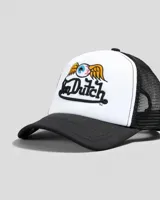 Gorra tipo trucker Von Dutch con frente blanco, visera negra y panel trasero de red negra. Presenta un bordado frontal con el logo de la marca y un diseño de ojo alado.
