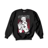 Buzo negro de cuello redondo con estampa frontal de estilo anime en blanco y rojo, con diseño de personaje y caracteres japoneses.