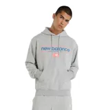 Canguro gris de New Balance con capucha ajustable con cordones, puños acanalados, bolsillo tipo canguro y logo de la marca estampado en el frente.