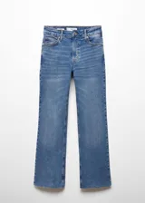 Jeans estilo flare tiro alto, color azul, con diseño crop, trabillas, cinco bolsillos y cierre de cremallera y botón.