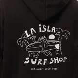 Canguro negro con capucha, cordones ajustables y bolsillo tipo canguro. Estampado pequeño en el pecho con diseño de tabla de surf y texto en blanco.