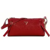 Cartera bandolera Guess modelo Devon de poliuretano color rojo con acabado texturizado brillante, herrajes dorados y el logo triangular de la marca en el centro. Cuenta con cierre superior y correa ajustable.