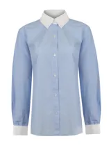 Blusa de manga larga confeccionada en algodón con diseño de rayas finas celestes y blancas. Presenta cuello camisero y puños en color blanco contrastante, con cierre frontal de botones.