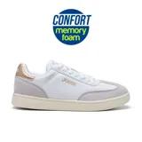 Championes Joma Campus Lady, color blanco con detalles en rosa y dorado. Inspirados en zapatillas clásicas atemporales, con tecnología Memory Foam de doble densidad en la plantilla y horma ancha Wide Plus para mayor confort. Suela de caucho DURABILITY resistente al roce y al desgaste.