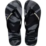 Sandalias de goma Havaianas modelo Top Camu, con estampado camuflado en tonos negro y gris, y tiras negras con el logo de la marca en contraste.