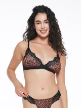 Soutien triangular color marrón con estampado de leopardo y detalles de encaje negro.