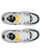 Championes urbanos Under Armour modelo UA HB Lo, de diseño inspirado en el básquet, color blanco con detalles en verde oscuro y acentos en celeste y amarillo. Confeccionados en piel sintética en la parte superior, con entresuela de EVA y suela de goma.