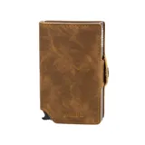 Billetera de cuero color marrón claro con sistema de apertura automática para tarjetas.