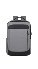 Mochila azul marino de tela con detalles en cuero sintético negro. Tiene dos asas acolchadas, compartimento para laptop, bolsillo frontal con cierre y un bolsillo lateral.