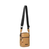 Bandolera negra de cuero sintético con correa larga regulable.