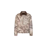 Campera Represent tipo overjacket con estampado de camuflaje Real Tree en tonos marrón y gris, cuello camisero de pana marrón y cierre frontal con cremallera.
