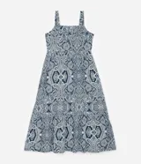 Vestido midi de algodón color azul marino con estampado paisley en blanco, escote cuadrado y breteles fruncidos.