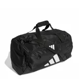 Bolso deportivo Adidas modelo Training Defender Medium, de color negro con grandes detalles blancos del logo de la marca. Cuenta con compartimento principal amplio, bolsillos exteriores con cierre, asas de mano y correa de hombro ajustable con hombrera acolchada.