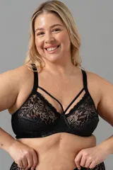Soutien negro con aro, confeccionado en LYCRA® efecto Lurex y puntilla elastizada. Tiene detalle de tiras en el escote y breteles elásticos regulables.