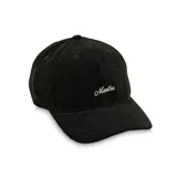Gorra de béisbol negra de corderoy con el nombre "Martha" bordado en el lateral. Ajustable, de visera curva y corona alta. Hecha con plástico reciclado post-consumo.