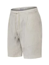 Short de lino organico color beige de calce relajado, con bolsillos laterales y cordón de ajuste en la cintura.