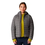 Campera gris de plumas con capucha, cierre frontal completo, bolsillos laterales con cierre y logo de la marca en el pecho.