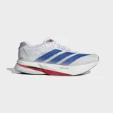 Championes de running Adidas Adizero Boston 13, color blanco con las icónicas tres tiras en azul degradado y detalles en rojo en la entresuela. Diseñados con tecnología Lightstrike Pro para mayor amortiguación y retorno de energía.