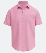 Camisa de hombre de manga corta confeccionada en mezcla de lino y algodón. Presenta un calce comfort, cuello camisero, cierre frontal con botones y un bolsillo en el pecho. Marca Marfinno.