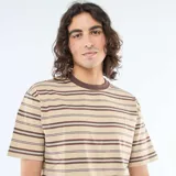 Remera de manga corta con diseño de rayas horizontales en tonos beige, marrón y celeste, cuello redondo en color marrón oscuro y corte estándar.