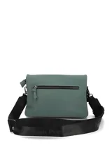 Cartera bandolera Hush Puppies color verde, de ecocuero engomado con solapa y cierre magnético, detalles de logo estampado en el frente y correa ajustable y desmontable negra.