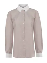 Blusa de manga larga confeccionada en algodón, con diseño de rayas finas, cuello camisero y puños en contraste de color blanco.