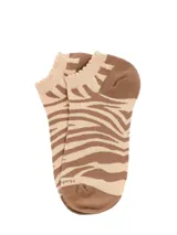 Medias cortas Hush Puppies con estampado animal print tipo cebra en tonos beige y marrón. Presentan un borde superior con detalle de ondas.