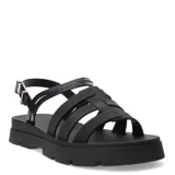 Sandalias de plataforma tipo track color negro, con diseño de tiras entrelazadas en el empeine y cierre con hebilla ajustable en el tobillo.