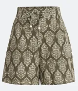 Short de viscosa y lino con estampado étnico, cintura elástica y bolsillos laterales.