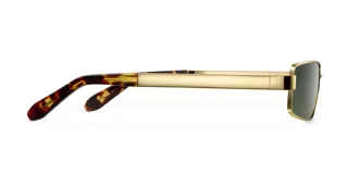 Lentes de sol rectangulares con montura dorada de acero inoxidable y lentes verdes polarizadas.