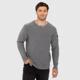 Sweater de punto gris, con cuello redondo y mangas largas, con detalles acanalados en cuello, puños y dobladillo.