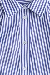 Camisa de corte holgado con estampado de rayas verticales azules y blancas. Presenta cuello clásico, cierre frontal con botones, hombros caídos y mangas largas con puños abotonados. El diseño incluye un canesú con pliegue en la espalda y bajo redondeado con la parte posterior ligeramente más larga.