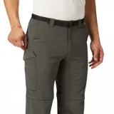 Pantalón de senderismo convertible en short, color gris, con tecnología Omni-Wick para absorción de humedad y Omni-Shade con protección solar FPU 50. Cuenta con cintura parcialmente elástica, cinturón removible, bolsillos laterales, bolsillo de seguridad con cremallera, bolsillo cargo con cierre de velcro, detalle de refuerzo y bolsillos traseros.