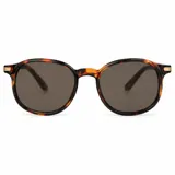 Lentes de sol con armazón carey de diseño redondo, con detalles metálicos dorados en las bisagras y cristales oscuros.