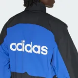 Campera deportiva Adidas Cutline Track Top, modelo en color negro con bloques de color azul y detalles de las icónicas tres tiras blancas en las mangas. Cuenta con cierre frontal completo, cuello alto y elásticos en puños y cintura.