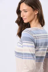 Remera de manga larga con escote redondo, confeccionada en tejido de algodón con diseño de rayas horizontales en tonos beige, azul y rosado en la parte superior.