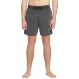 Short de baño Volcom modelo Center Trunk color gris, con cintura elástica ajustable con cordón negro y un pequeño parche circular de la marca en el borde inferior.