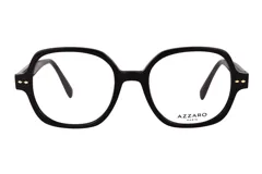 Armazón de anteojos Azzaro modelo 30454, de diseño cuadrado con bordes redondeados en color negro. Presenta detalles metálicos dorados en las bisagras.
