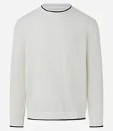 Sweater de manga larga color azul marino con textura acanalada vertical. Presenta un cuello redondo con un ribete blanco contrastante y un borde inferior con un detalle blanco asomando.